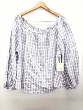 a.n.a blue and white checkered long sleeve cotton top with balloon sleeves
